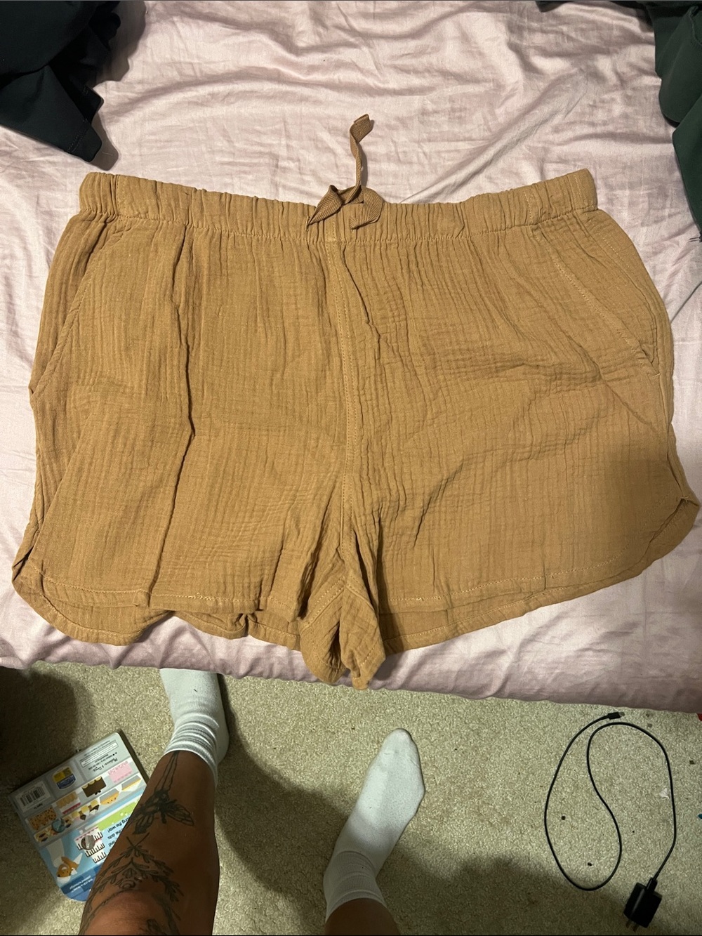 stars above Mustard High-Waist Gauze Drawstring Shorts